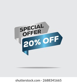 3D rendered special offer 20% off banner, minimalist modern design, geometric shapes, blue and gray, bold typography, clean composition