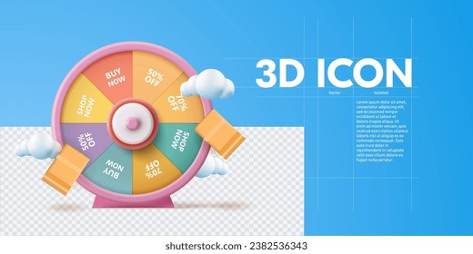 3D Rendering Spinning Wheel mit Shopping-Angeboten: Farbige Vektorgrafik für Verkaufs- und Rabattwerbung. Bezaubernde Online-Verkaufsanzeige mit glücklichem Rad, einzelne Vektorgrafik