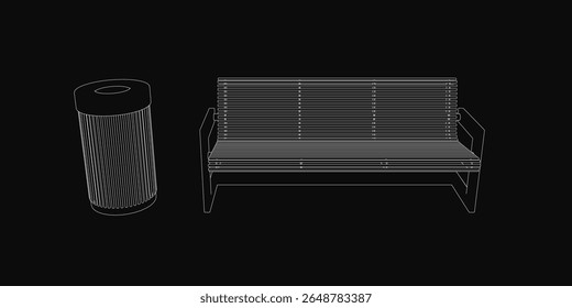A 3D rendered street bench sits beside a realistic trash can on a sleek black background. The bench features detailed textures and clean lines, while the trash can complements the urban aesthetic.