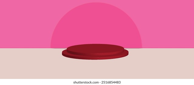 Estudio renderizado en 3D con Formas geométricas, podio en el suelo. Plataformas para la presentación del producto, fondo de maqueta. Composición Abstractas en diseño minimalista, rosas y rojos