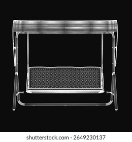 A 3D rendered swing chair stands out against a black background with realistic textures and clean lines. The white bench features smooth curves and a modern design.