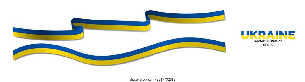 3d Rendered Ukraine Flag Ribbons with shadows, isolated on white background. Curled and rendered in perspective. Graphic Resource. Editable Vector Illustration. EPS 10