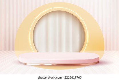3d rendered yellow podium with white curtain showcase vector 3d