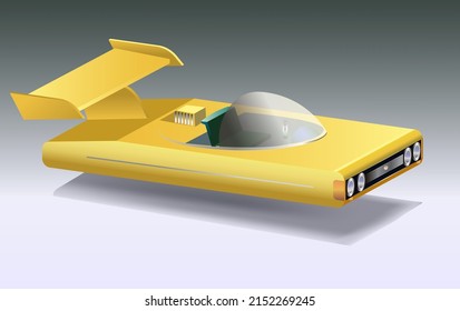 3d rendering of a 1980's style sci fi flying hover car with glass dome and no wheels, concept art vector illustration