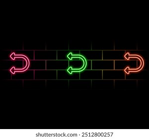 renderização 3d, fundo abstrato de setas de néon brilhando no escuro, azul rosa gradiente vermelho, luz ultravioleta. Moderno papel de parede minimalista.