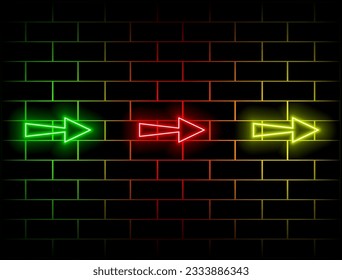 3d renderización, fondo geométrico abstracto minimalista. Las flechas de neón coloridas se mueven más cerca, señal lineal. verde, rojo, amarillo, rosa, azul, naranja.