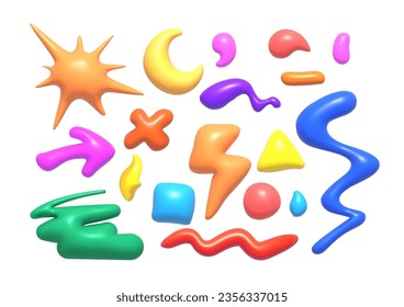 3D rendering of an abstract shape. Graphic element. half-moon, blot, arrow, paint stroke and other 3D style shapes. Vector illustration.