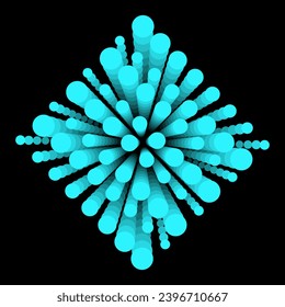 3D rendering of abstraction with 3D surreal sculpture in spherical organic curve, circles formed from turquoise matte color on black background