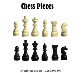 3D rendering of all six different chess pieces of black color standing in line. Chess set. Games and recreation major and minor pieces. 3D Rendering all chess pieces isolated on white background svg