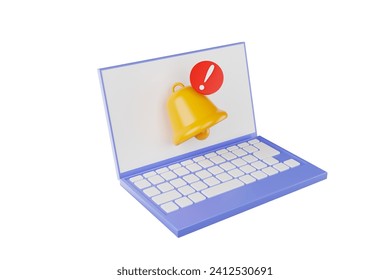 3D rendering Bell with notification in front of laptop. 3D illustration