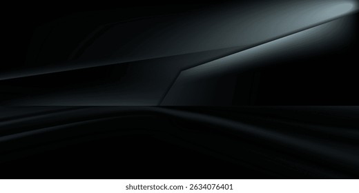 3d rendering of black abstract geometric background. Scene for advertising design, showroom, technology, future, modern, sport, game, metaverse, cosmetic, warehouse, garage.