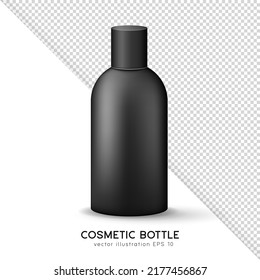 3D rendering black glossy container for shampoo, gel, bath foam, moisturizer, lotion, cream, etc. Blank skincare product template. Mockup of closed cosmetic or medicine plastic bottle with lid. 