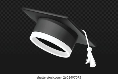 3D rendering of a black graduation cap with a white tassel on a transparent background. Tilted slightly to the right with the tassel hanging down, perfect for graduation designs, academic themes