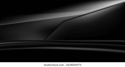 3D rendering of black and grey neon abstract geometric background. Scene for advertising design, showroom, technology, future, modern, sports, games, metaverse, cosmetics, warehouse, garage.