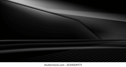 3D rendering of black and grey neon abstract geometric background. Scene for advertising design, showroom, technology, future, modern, sports, games, metaverse, cosmetics, warehouse, garage.