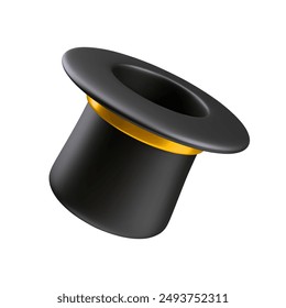 3d rendering of black magician's top hat. Wizard cylinder with gold ribbon. Tree-dimensional rendering of headgear for magic tricks. Magic equipment for illusionist's show isolated on white background