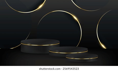 3D rendering black podium geometry with gold elements. Product presentation blank podium. Minimal scene round step floor abstract composition. Empty showcase, pedestal platform
