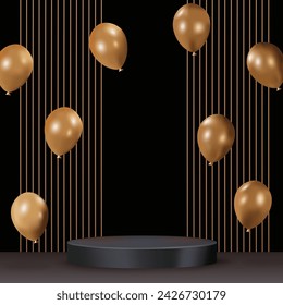 Renderizado 3d, Podio de exhibición de producto negro con globos y elementos dorados.
