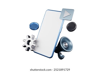 3D rendering of a blank screen phone floating in mid-air with gears on the front and a megaphone on the back. Future business, online finance.