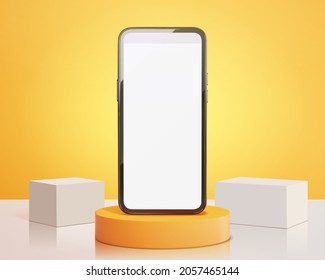 3d rendering of blank smartphone screen on round podium with cube stages. Minimal scene background for online shopping sale event.