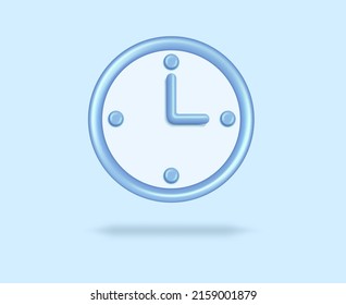 3D rendering of a Blue mechanical watch with a timer. Icon of a realistic clock in a toy or cartoon style made of plastic. Time on the clock. Isolated 3d vector illustration