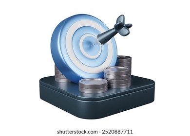 3D rendering, blue target surrounded by coins financial planning concept save money to reach your goal.