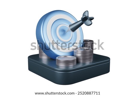 3D rendering, blue target surrounded by coins financial planning concept save money to reach your goal.