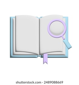 Representación 3D de un libro y una lupa en colores pastel. Ilustración vectorial aislada sobre fondo blanco