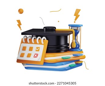3d rendering books with a calendar and graduation cap on top of it and a hourglass on top