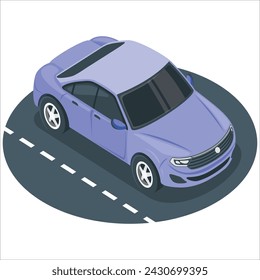 3d rendering of a brandless generic blue car. Side view of cherry red business sedan parked on a sea coast. 26
