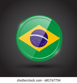 3d Rendering Of Brazil Button With Flag On Black Background.