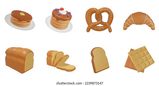 3d rendering. Bread icon set on a white background.pancake, strawberry, pretzel, croissant, hokkaido bread,bread slice, waffle