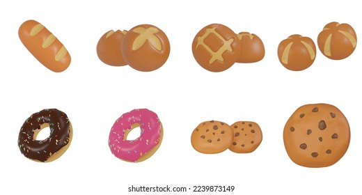 3d rendering. Bread icon set on a white background.baguette, boule bread, donut, cookie