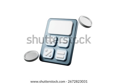 3D rendering of calculator and coins floating in mid-air future finance concept.