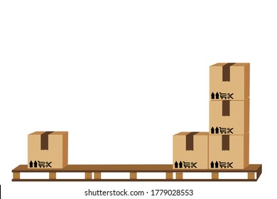 3d rendering Cardboard boxes with working people, crate boxes on wooden pallet, wood pallet with cardboard box in factory warehouse storage, flat style warehouse cardboard parcel boxes stack, packagin