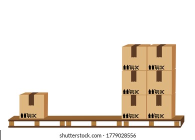 3d representación Cajas de cartón con trabajadores, cajas de cartón en paleta de madera, palet de madera con caja de cartón en almacén de fábrica, pila de cajas de cartón de almacén de estilo plano, embalaje