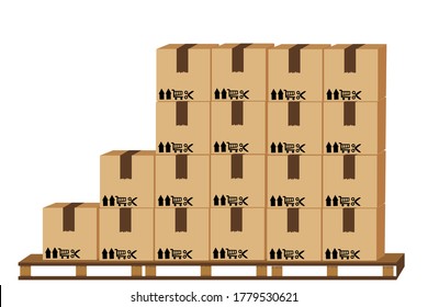 3d rendering Cardboard boxes with working people,crate boxes on wooden pallet, wood pallet with cardboard box in factory warehouse storage, flat style warehouse cardboard parcel boxes stack, packaging
