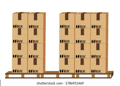 3d rendering Cardboard boxes with working people,crate boxes on wooden pallet, wood pallet with cardboard box in factory warehouse storage, flat style warehouse cardboard parcel boxes stack, packaging