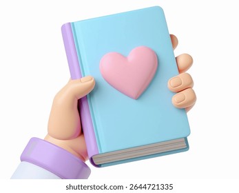 A 3D rendering of a cartoon hand holding a light blue book with a pink heart on it, isolated on a white background. The image is perfect for illustrating love, reading, or affection.