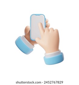 A 3D rendering in a cartoon style showing one hand holding a phone and the other touching the screen with the index finger. Ideal for layouts with touch actions on an isolated background.