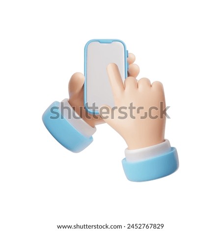 A 3D rendering in a cartoon style showing one hand holding a phone and the other touching the screen with the index finger. Ideal for layouts with touch actions on an isolated background.