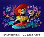 3D Rendering Catrina skeleton in red dress and hat holding a sugar skull with hand drawn flowers behind on purple background