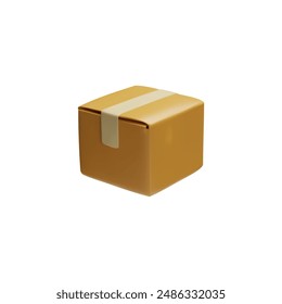 3d rendering of a closed square cardboard box sealed with tape. Packaged postal parcel ready for dispatch. Goods delivery. Vector illustration isolated on white background.