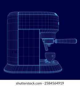 A 3D rendering of a coffee maker with a blue background. The coffee maker is made of metal and has a handle