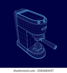 A 3D rendering of a coffee maker with a handle and button. The coffee maker is on a blue background