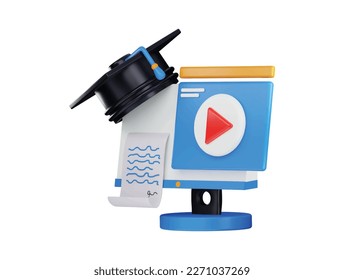 3d rendering computer monitor with a graduation cap and video player icon illustration