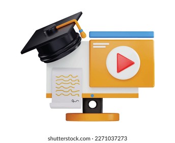 3d rendering computer monitor with a graduation cap and video player icon illustration