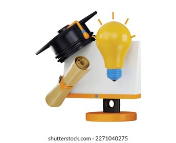 3d rendering computer monitor with a graduation cap and diploma certificate icon illustration