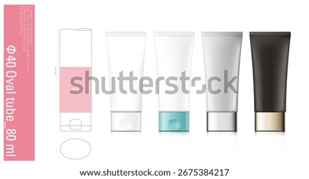 A 3D rendering of a cosmetic container model made from a oval tube, showing a base rendering with a 40mm diameter and 80ml capacity, as well as options for glossy and matte finishes and various caps.
