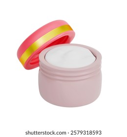 A 3D rendering of a cosmetic cream in a jar with a partially open pink lid. The product is designed for facial skin care. Vector illustration on a white background.